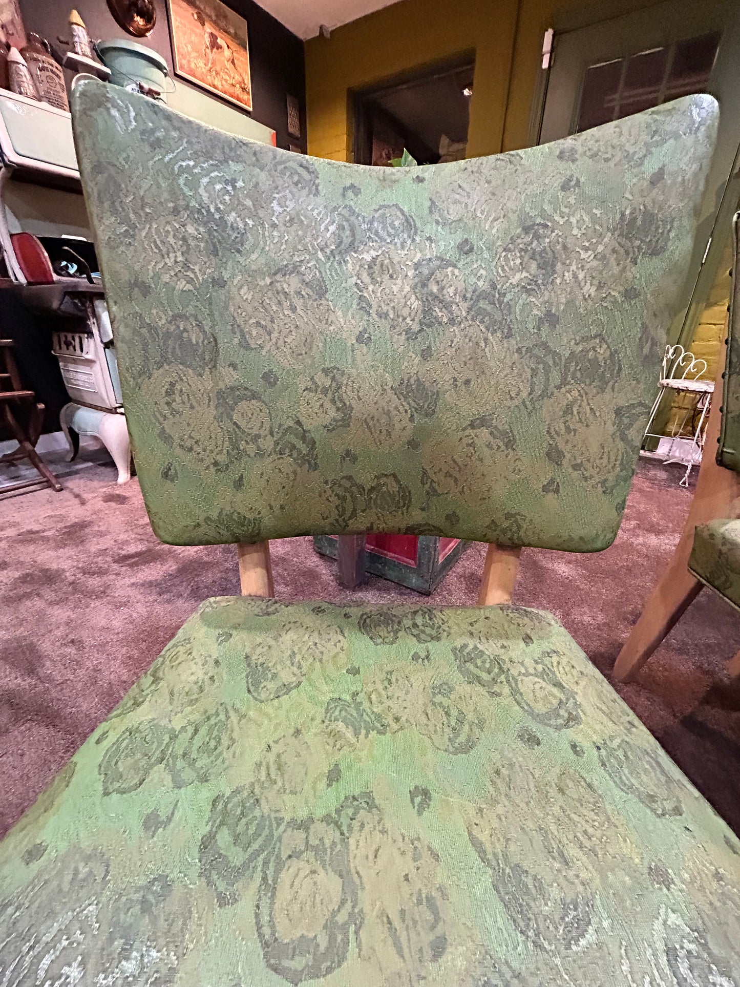 Mid Century Green Floral Print Vinyl Chairs- Meier Pohlmann Set of 2