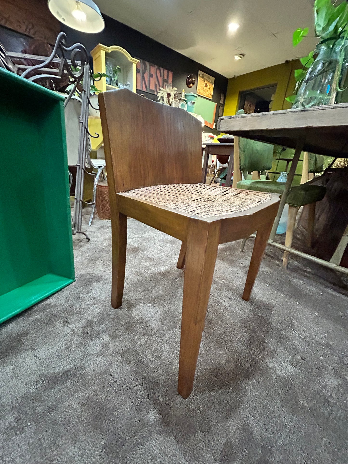 Vintage MCM Unique Wood Chair with Rattan Seat