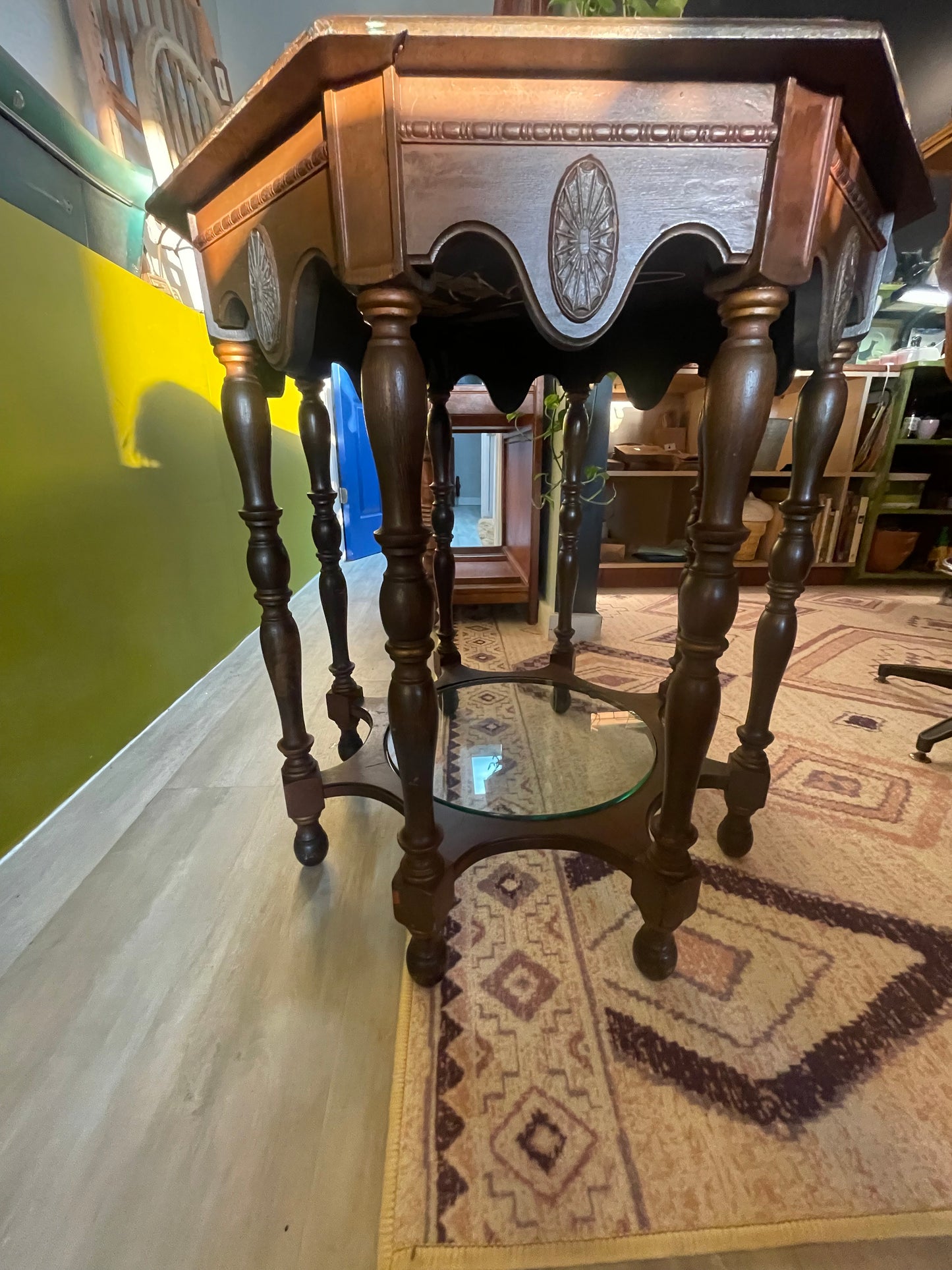 Antique Wooden Octagon Table- Imprinted and Original Glass