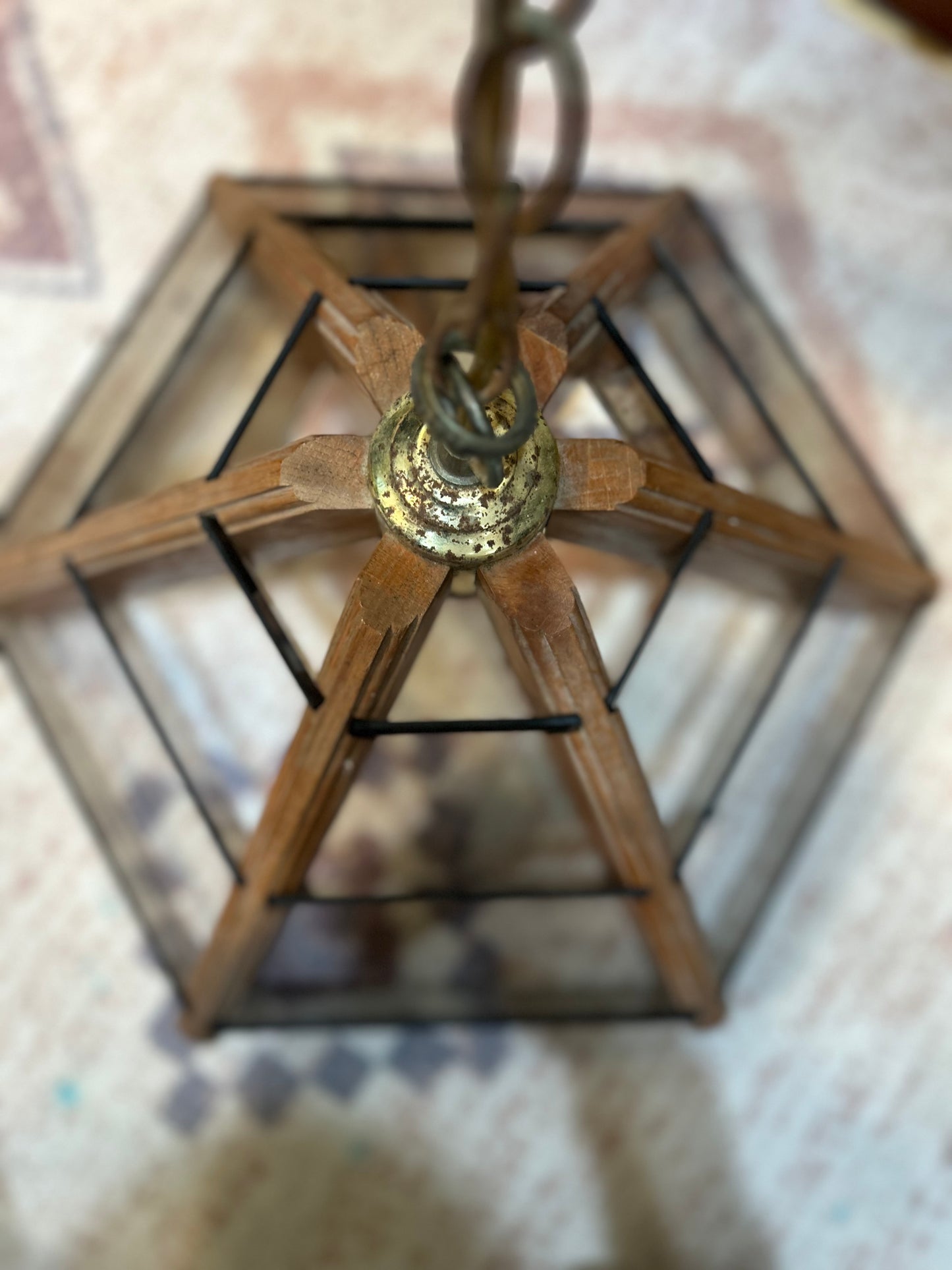Mid Century Hexagon Swag Chandy- Tinted Brown Glass Slats