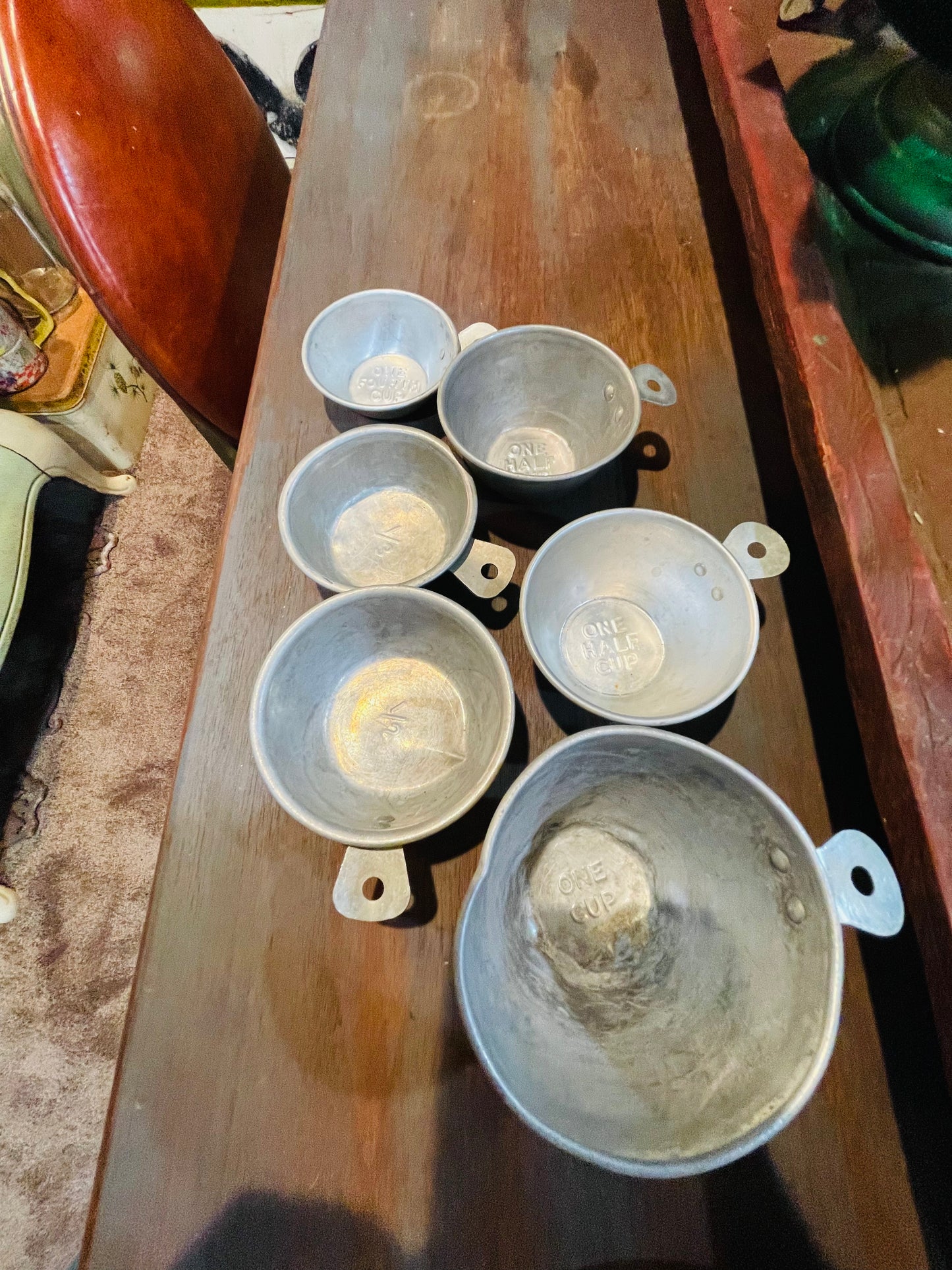 Antique Tin Measuring Cups with Acorn Tea Bell Infuser- Set of 7 Pieces