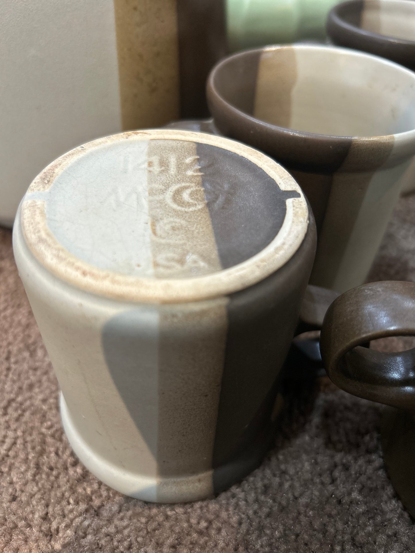 Vintage McCoy Sandstone Canister and 5 Sandstone Mugs- Set of 6