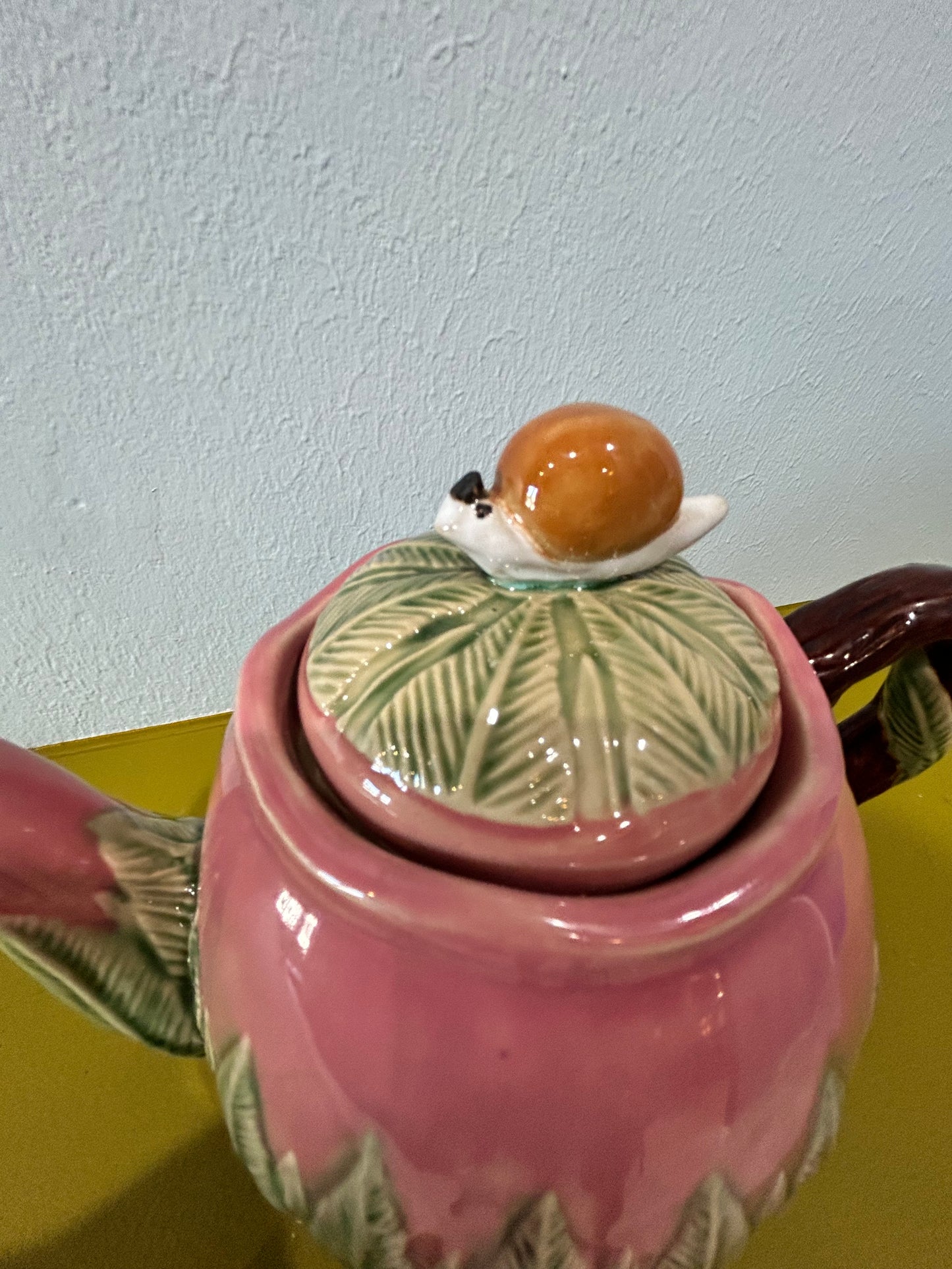 Vintage Majolica Ceramic Teapot- Snail Lid Stamped/Signed by Artist