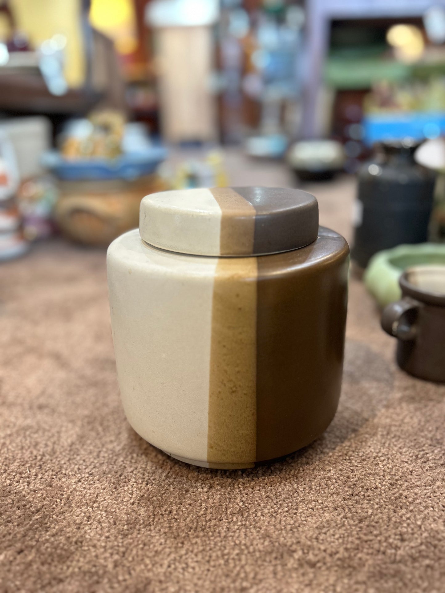 Vintage McCoy Sandstone Canister and 5 Sandstone Mugs- Set of 6