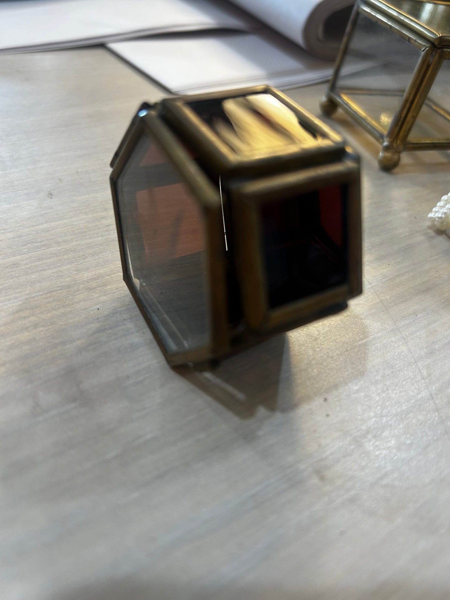 Hexagonal Stained Glass and Brass Trinket Box with Etched Bird