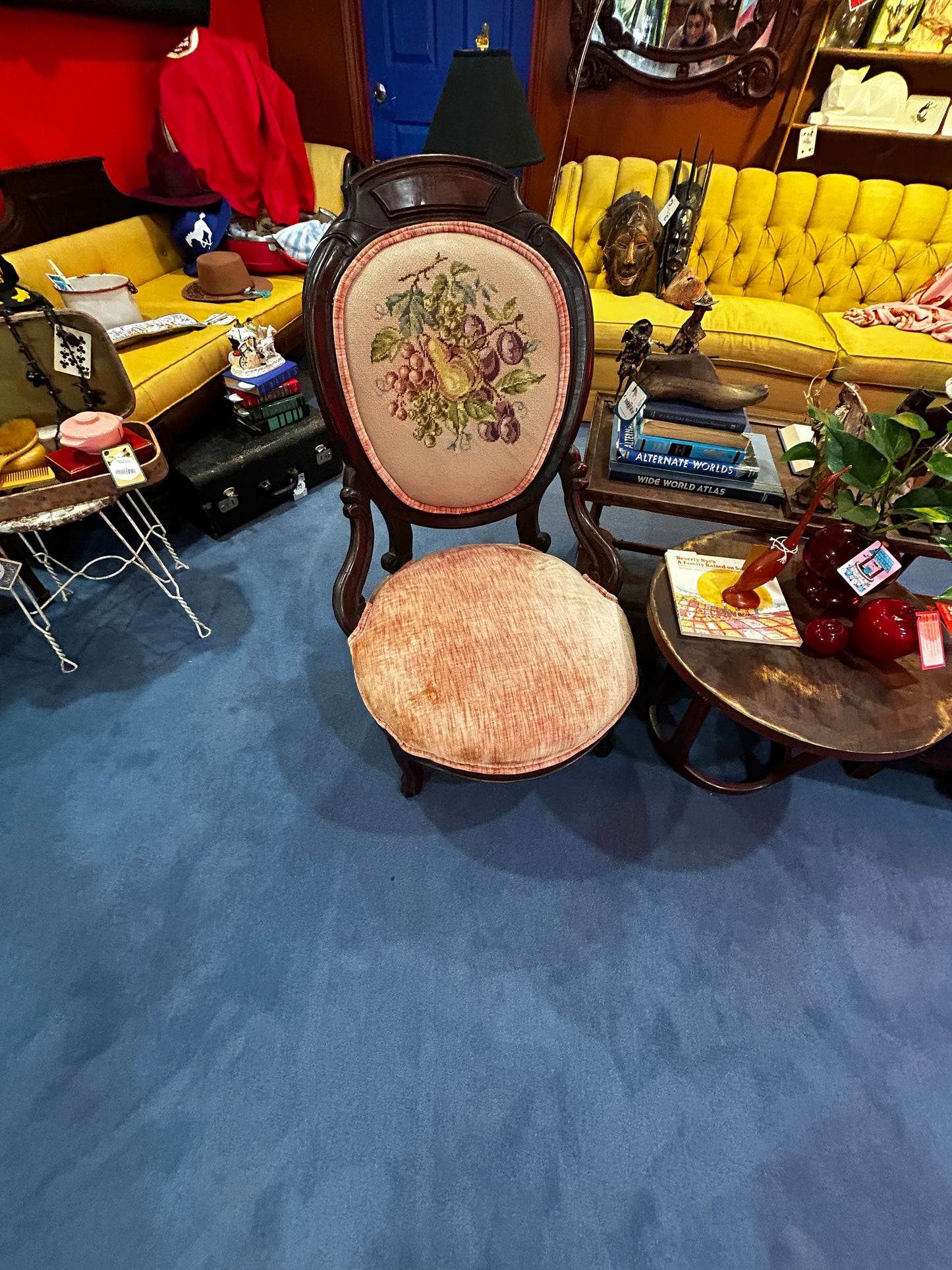 Set of 2 Pink Velvet Mahogany Needlepoint Parlour Chairs