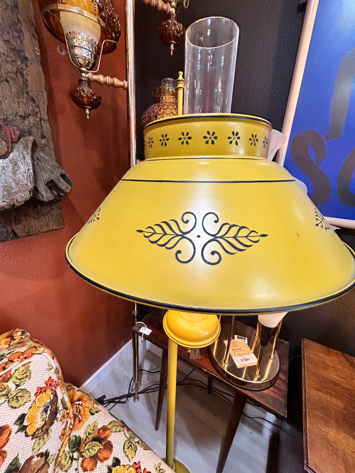 Vintage MCM Mustard Yellow Toleware Metal Floor Lamp