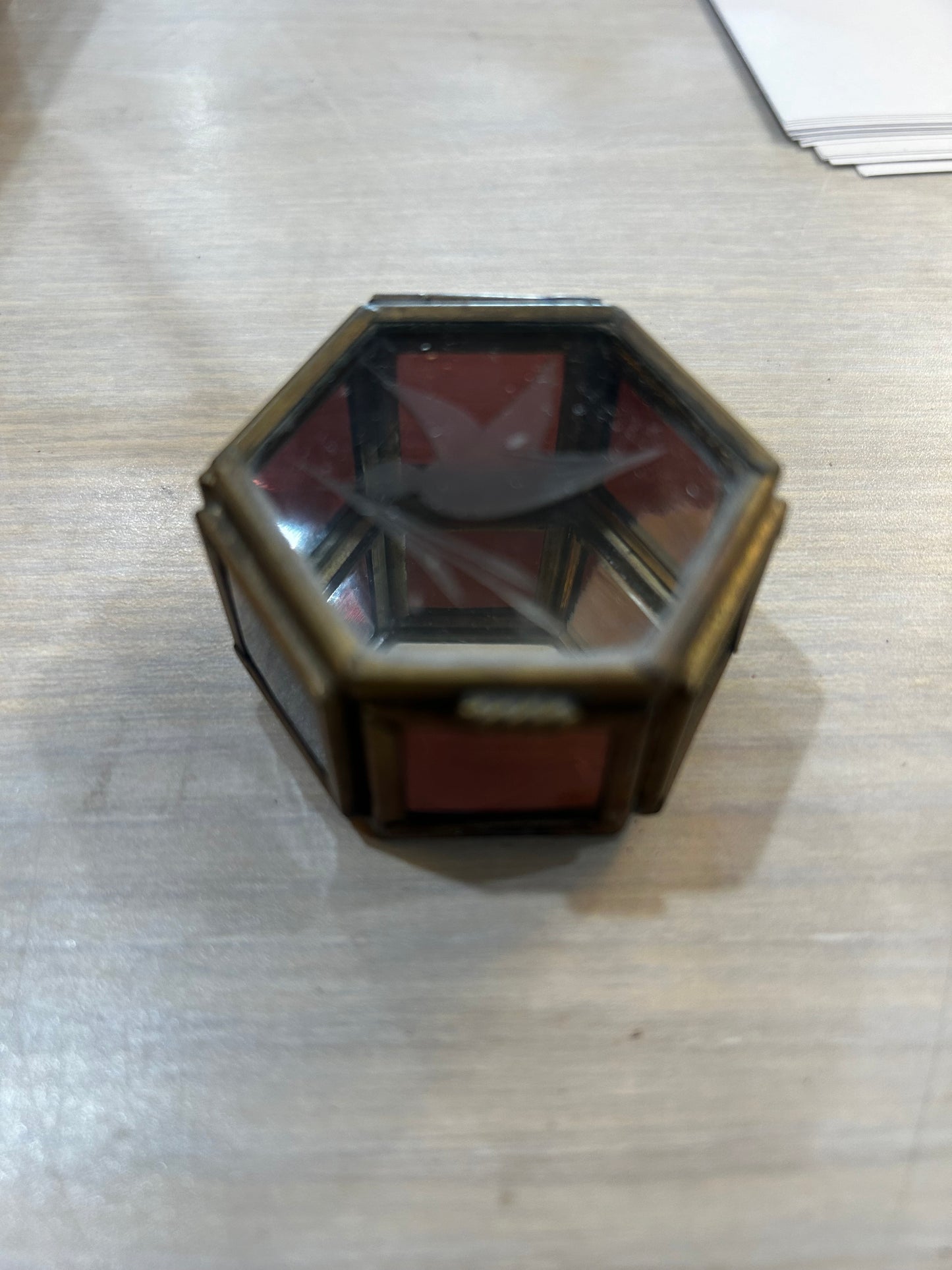 Hexagonal Stained Glass and Brass Trinket Box with Etched Bird