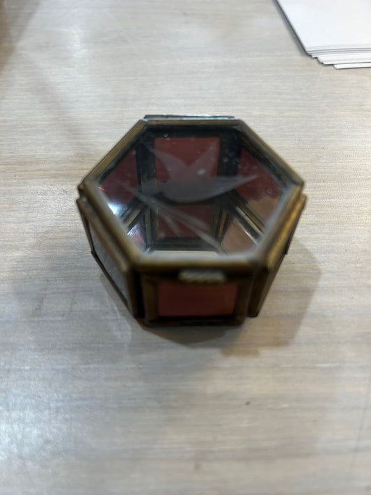Hexagonal Stained Glass and Brass Trinket Box with Etched Bird