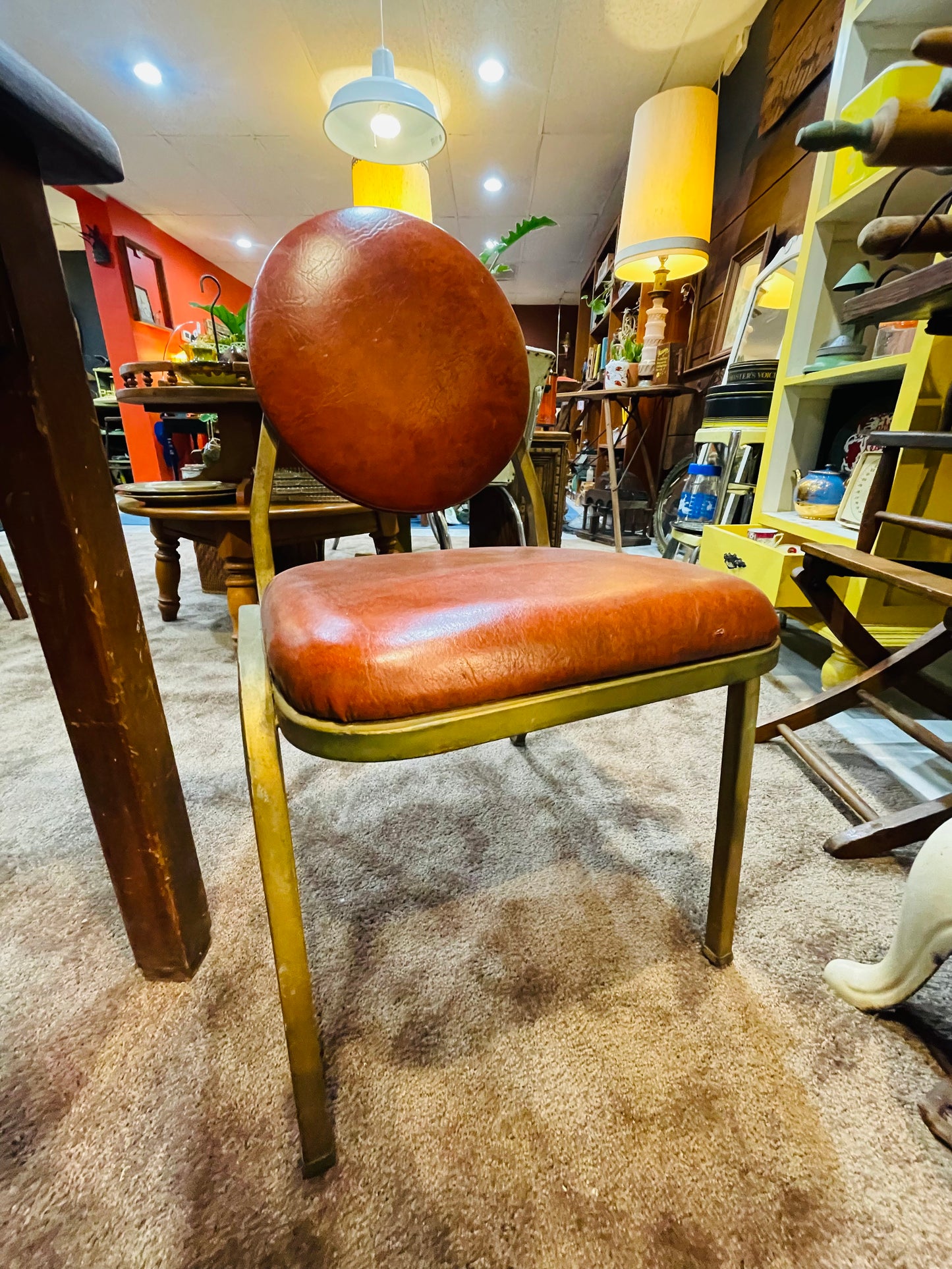 Vintage MCM Brown Vinyl and Brass Circle Back Chair