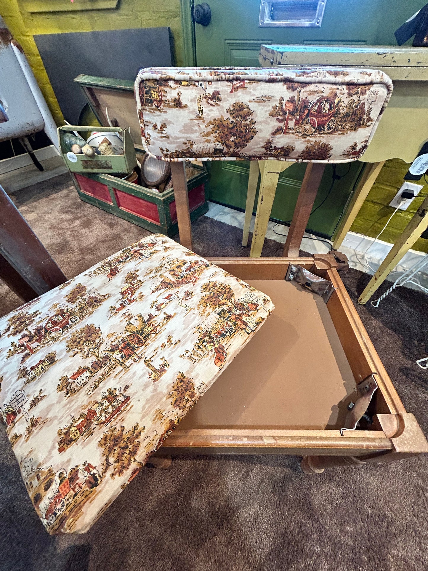 Vintage Sewing Chair With Storage- Early American Fabric