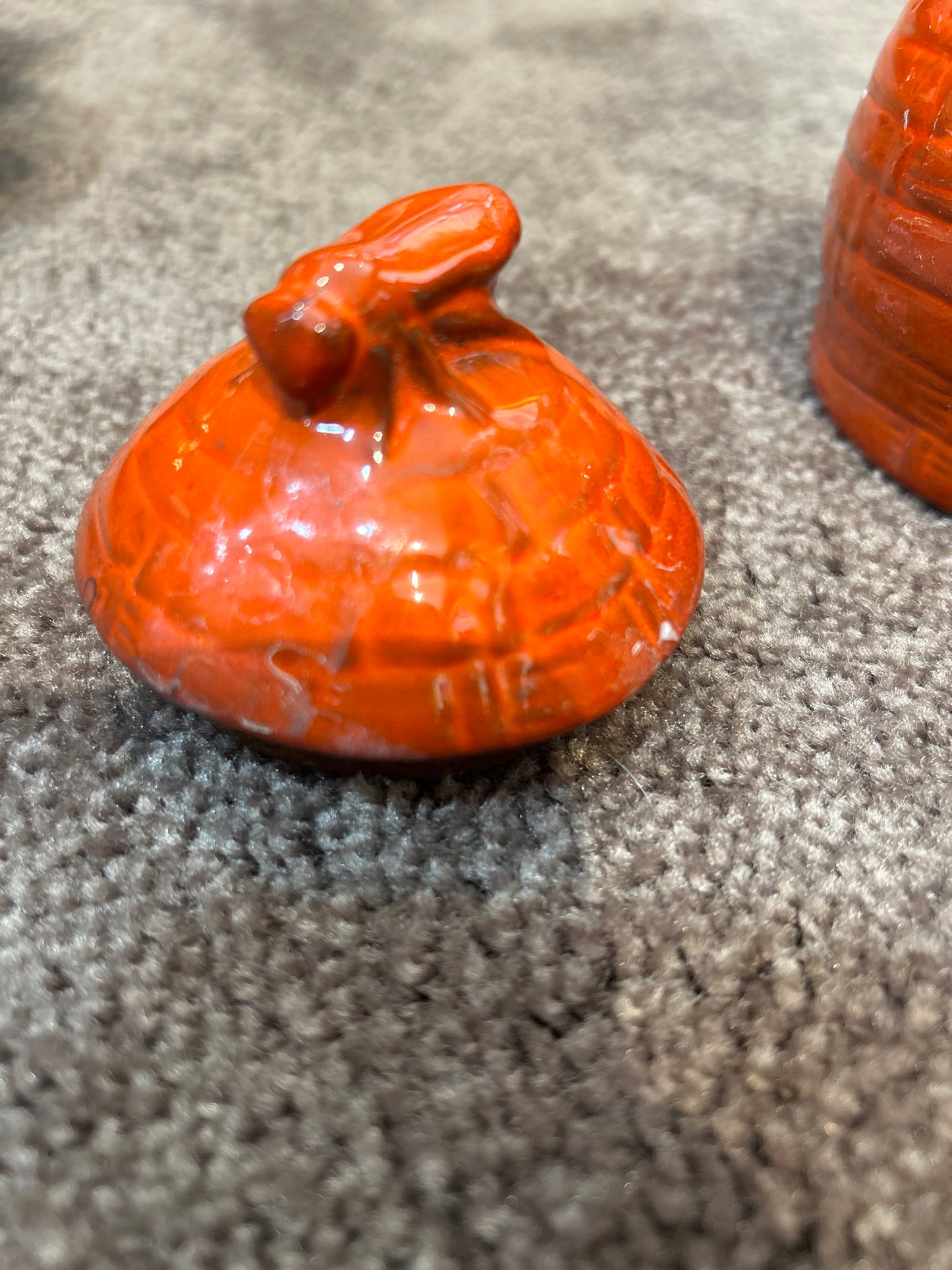 Frankoma Honey Pot with Bee Lid- Flame Orange- Missing Spoon