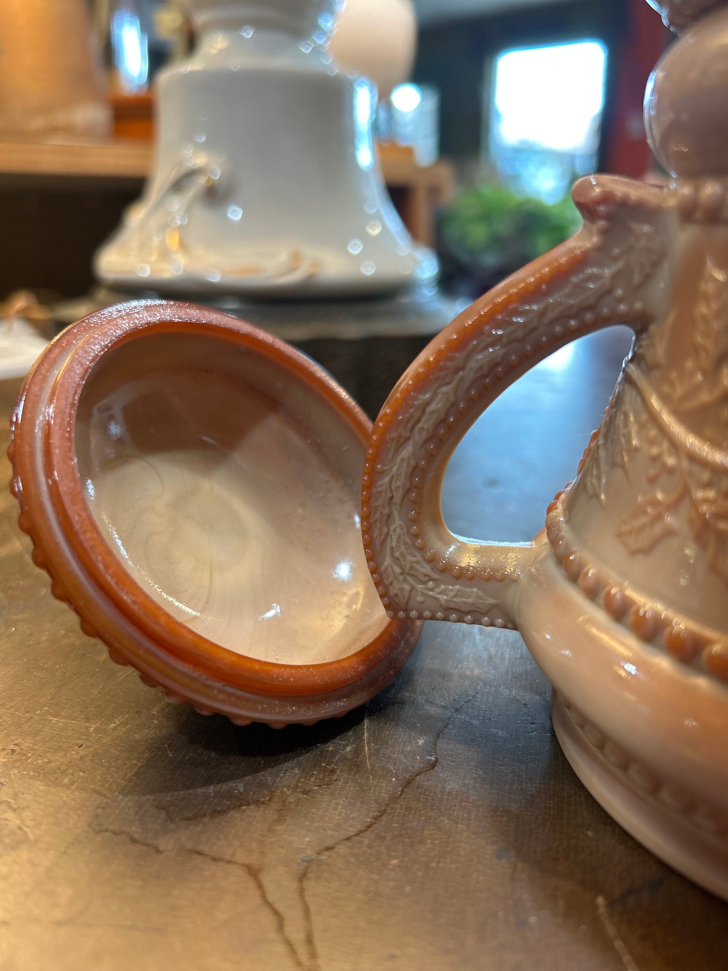 Summit Vintage Chocolate Caramel Slag Glass- Sugar Bowl With Lid- Holly Berry