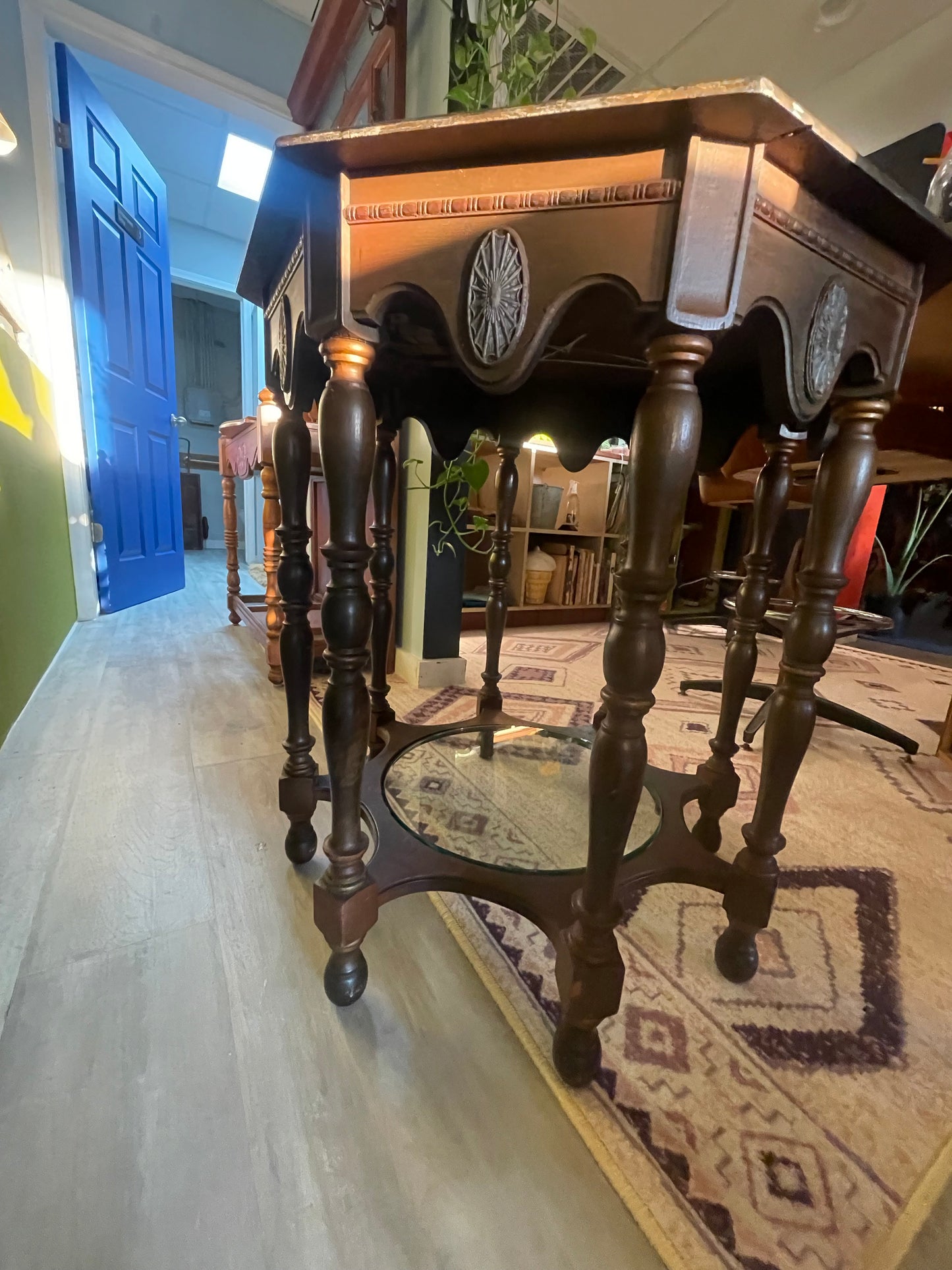 Antique Wooden Octagon Table- Imprinted and Original Glass