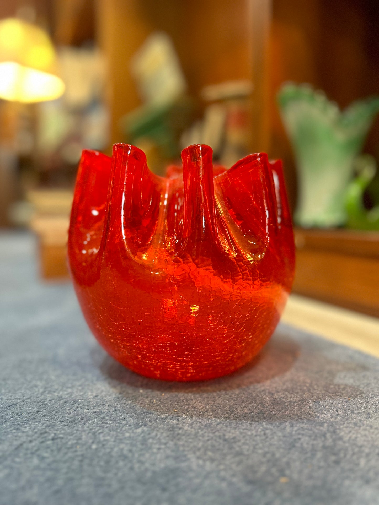 Amberina Crackle Glass Vase- Crimped Rim- Hand Blown