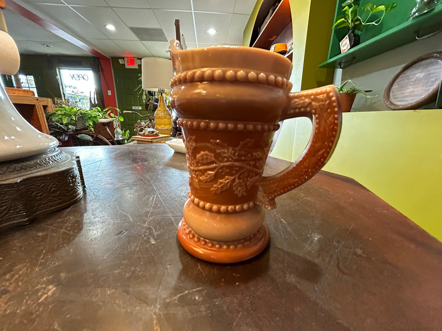 Summit Vintage Chocolate Caramel Slag Glass Creamer Pitcher Holly Berry Pattern