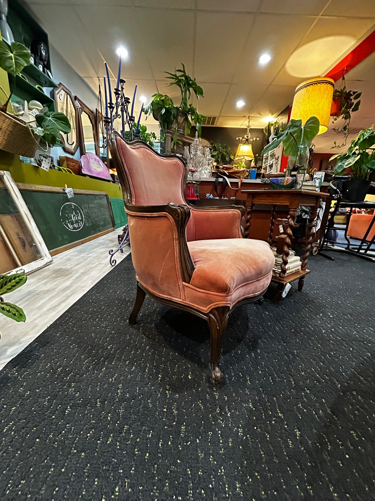 Vintage Winger Bergere Chair- Pink Velvet- (small piece broken)