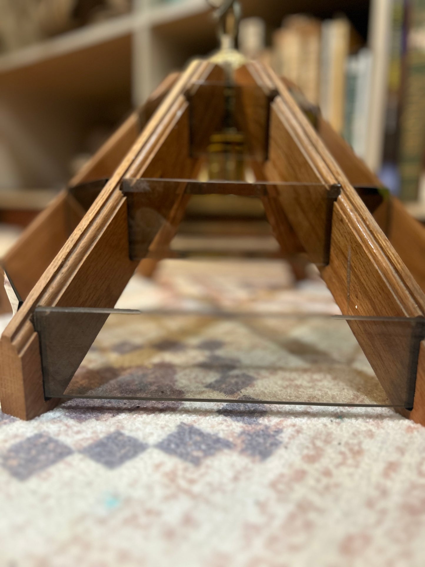 Mid Century Hexagon Swag Chandy- Tinted Brown Glass Slats