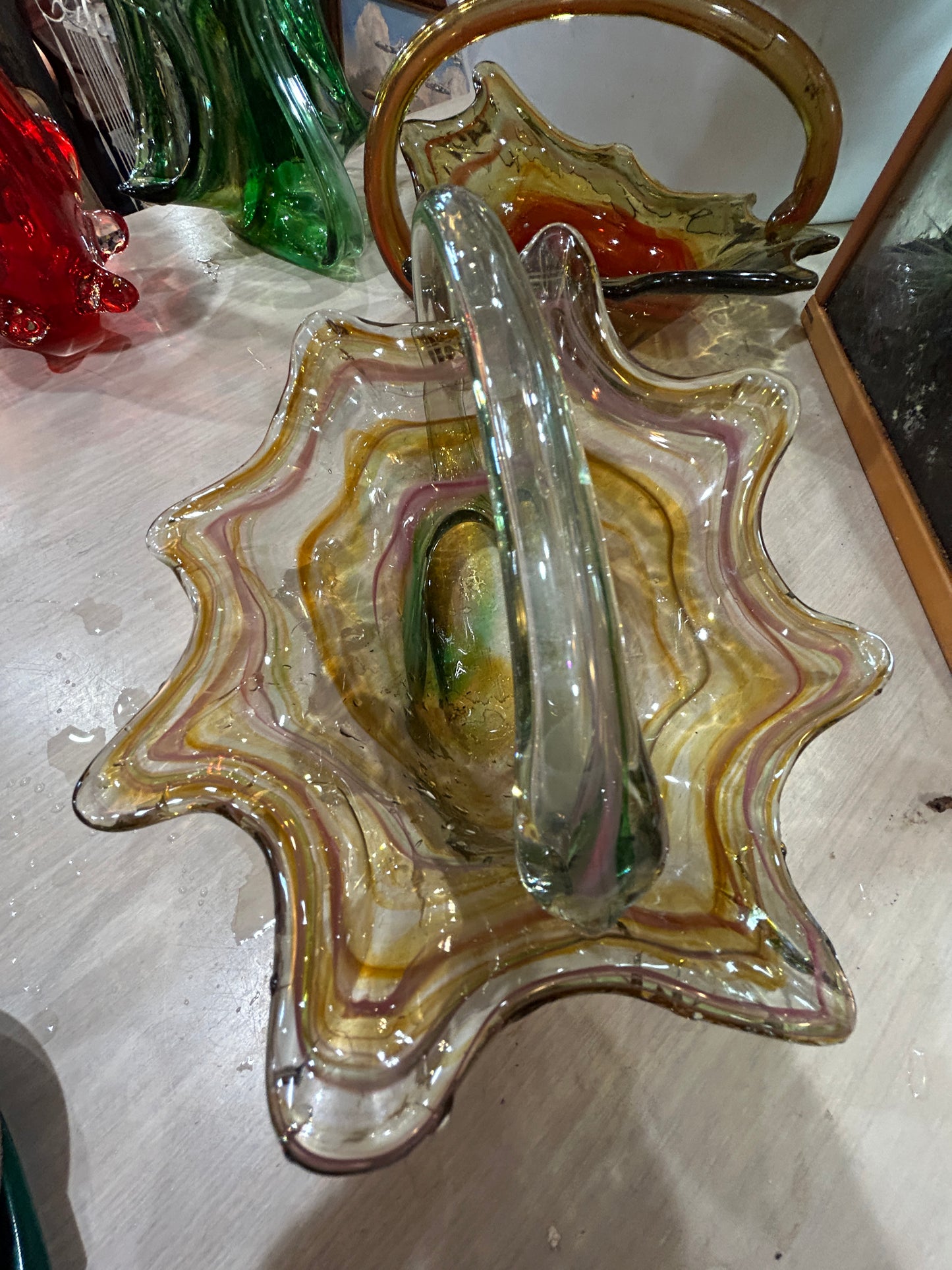 MCM Hand Blown Glass Basket Vase