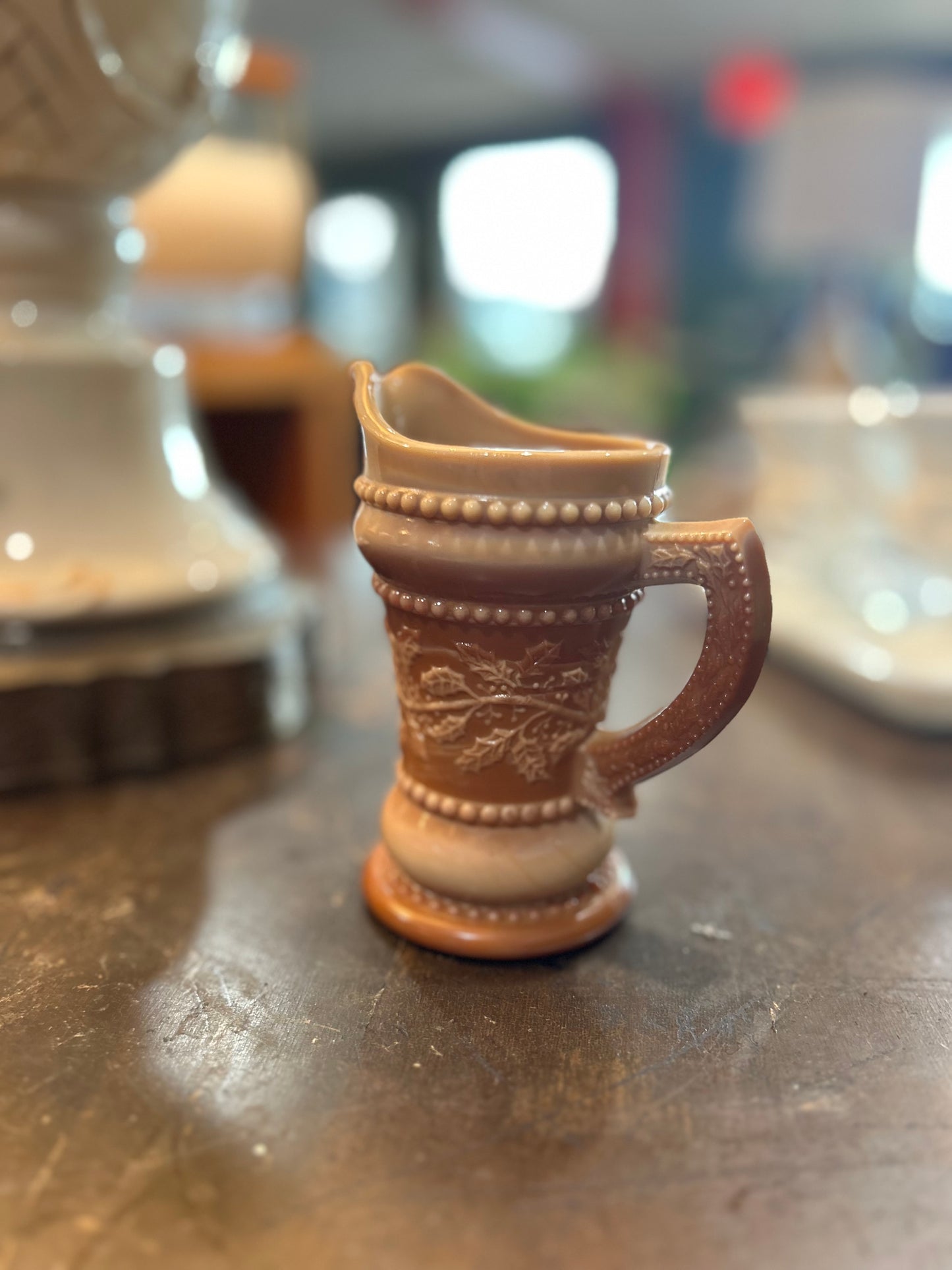 Summit Vintage Chocolate Caramel Slag Glass Creamer Pitcher Holly Berry Pattern