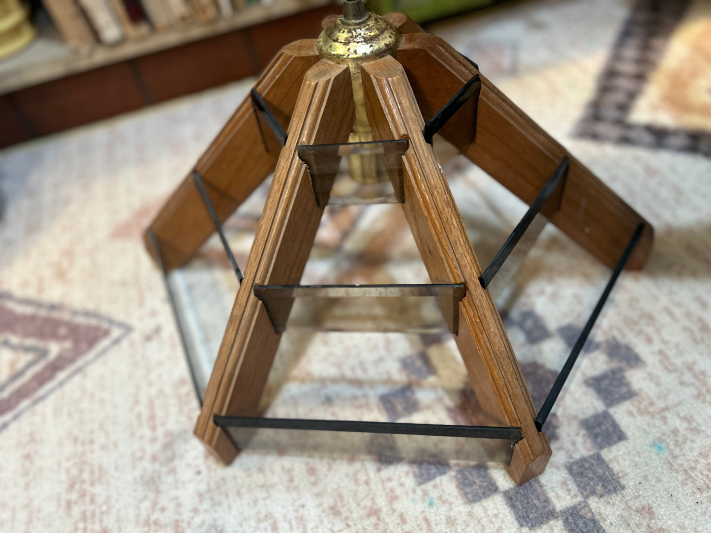 Mid Century Hexagon Swag Chandy- Tinted Brown Glass Slats