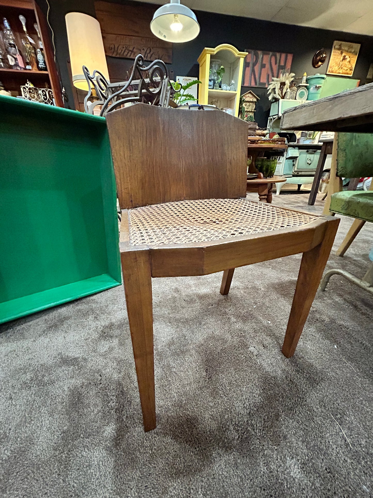 Vintage MCM Unique Wood Chair with Rattan Seat