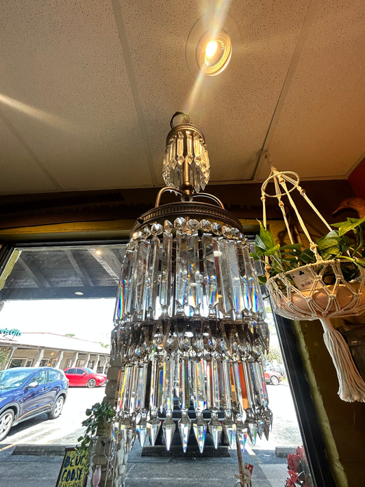 1880’s Triangular Prism Chandelier- Brass Form and Crystal Triangle Spikes