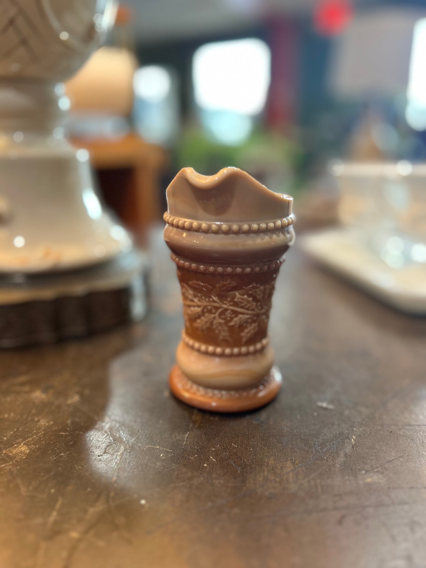 Summit Vintage Chocolate Caramel Slag Glass Creamer Pitcher Holly Berry Pattern