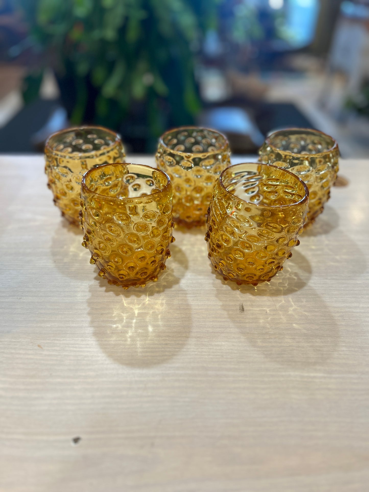 Set of 5 Hand Blown Amber Hobnail Glasses