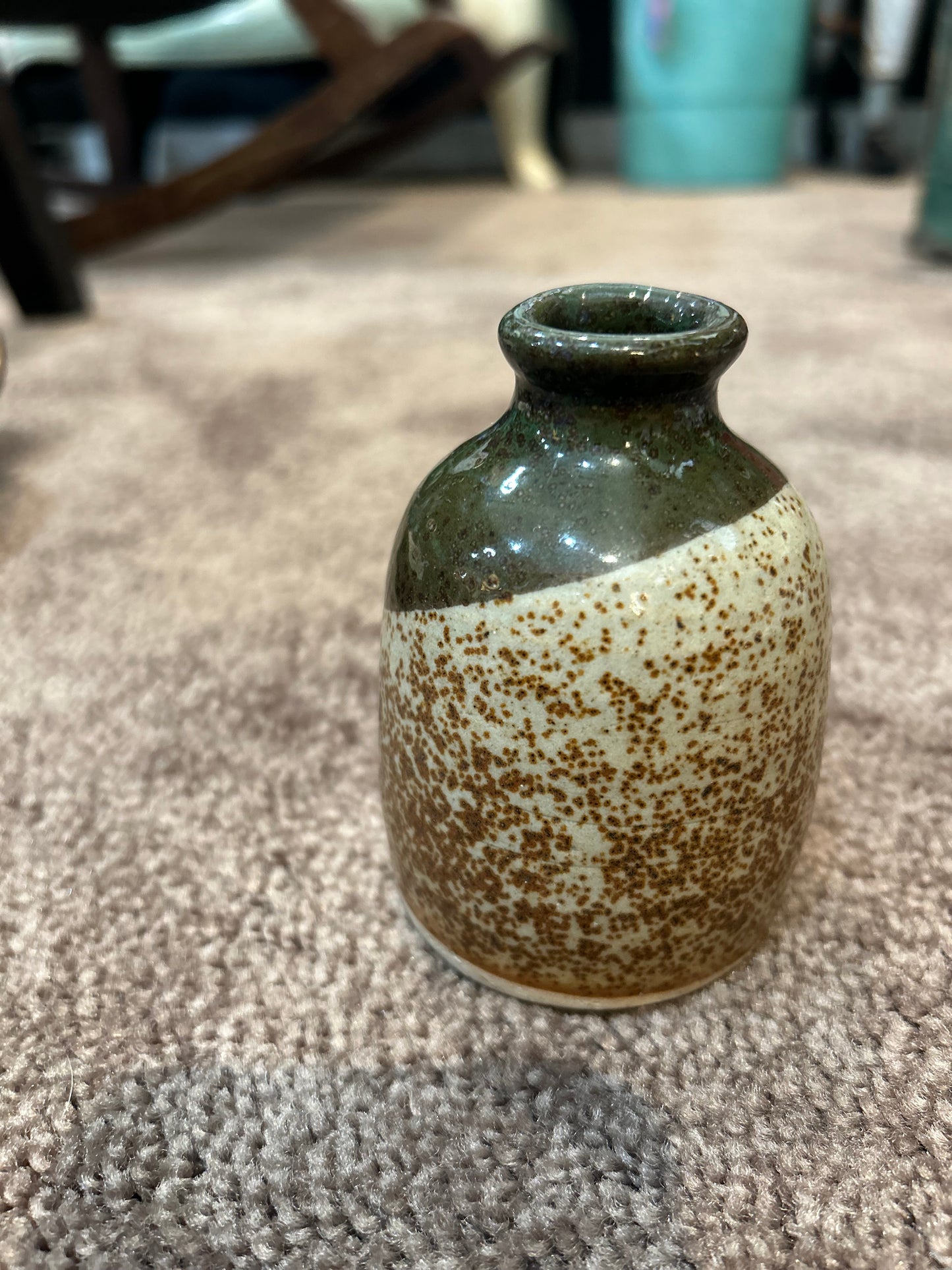 Vintage Brown Speckled and Green Gloss Bud Vase
