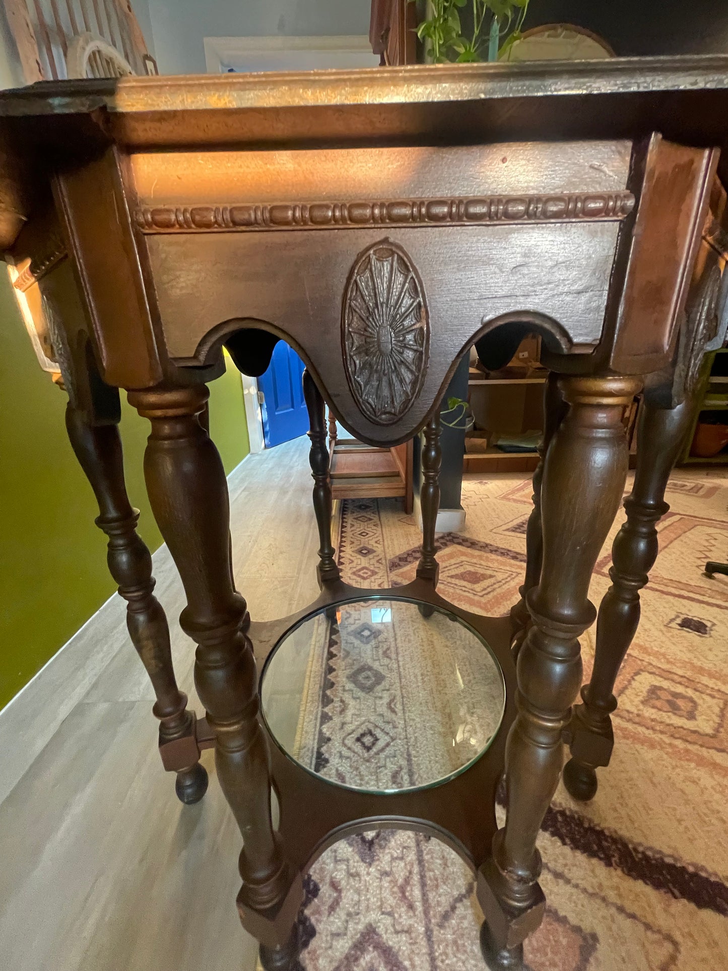 Antique Wooden Octagon Table- Imprinted and Original Glass
