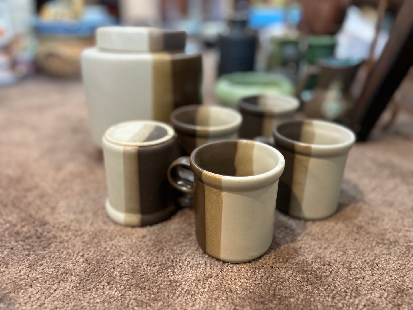 Vintage McCoy Sandstone Canister and 5 Sandstone Mugs- Set of 6